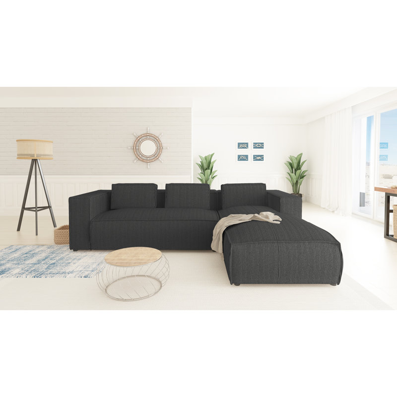 Modern L-Shape Corner Sofa  Made of Cord with Soft Seat, Right Hand Facing, Grey