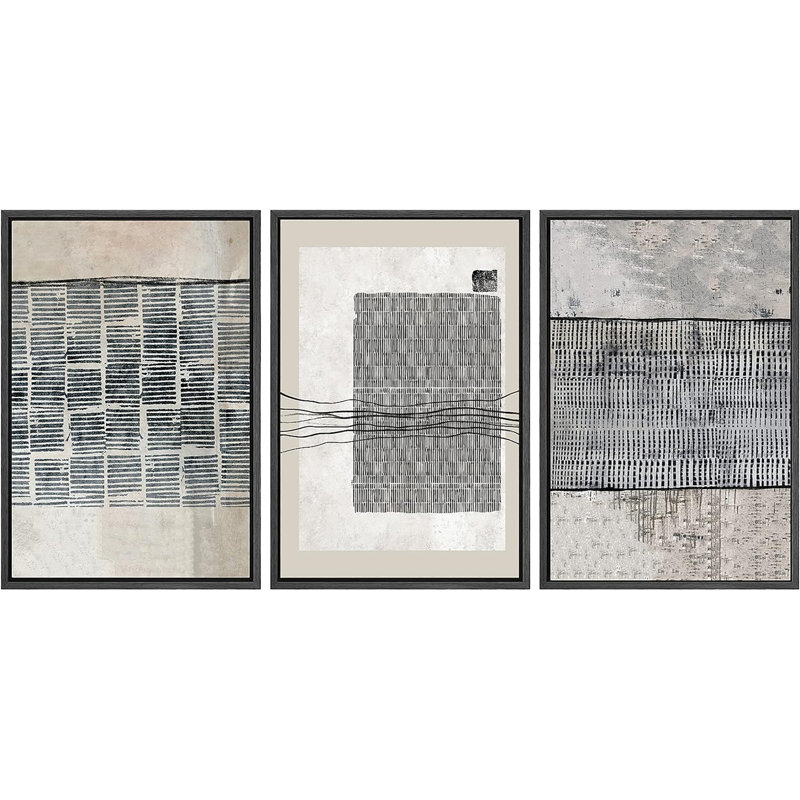 Geometric Line Black Tan Industrial Line Art Pattern Abstract Shapes Cozy Neutral Framed On Canvas 3 Pieces Print