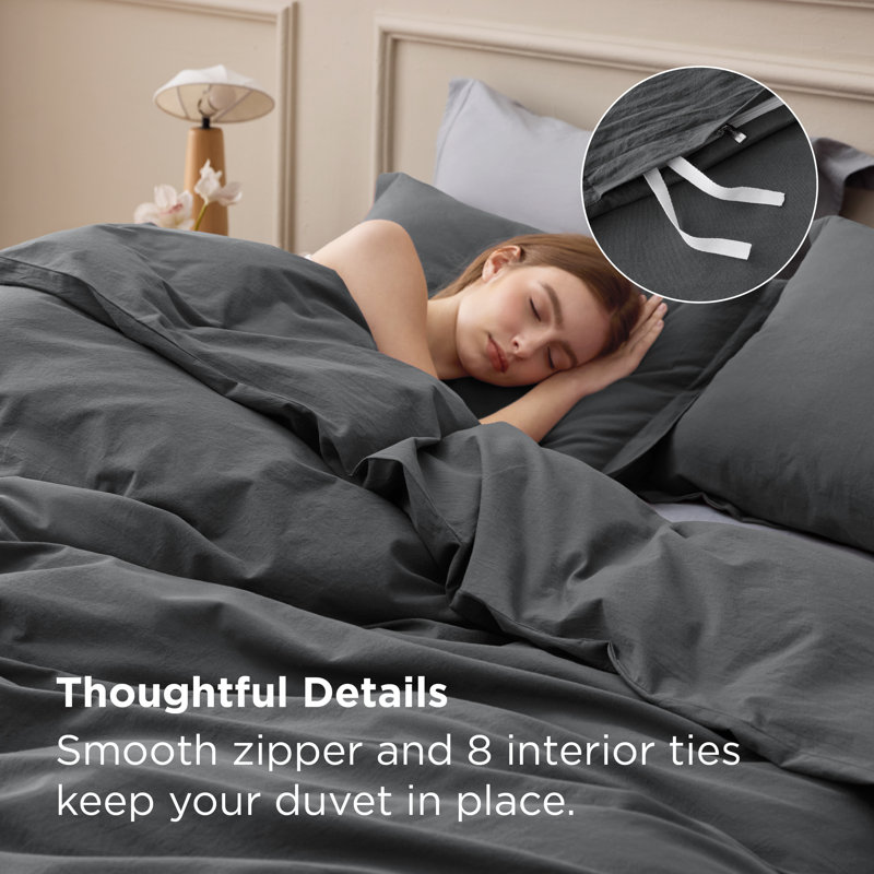 Housse de couette 100% coton lavé pour grand lit Literie - Housse de couette en coton minimaliste gris anthracite Lin comme pour toutes les saisons - Literie simple Gentlesoft (grand lit, 90 po x 90 po)