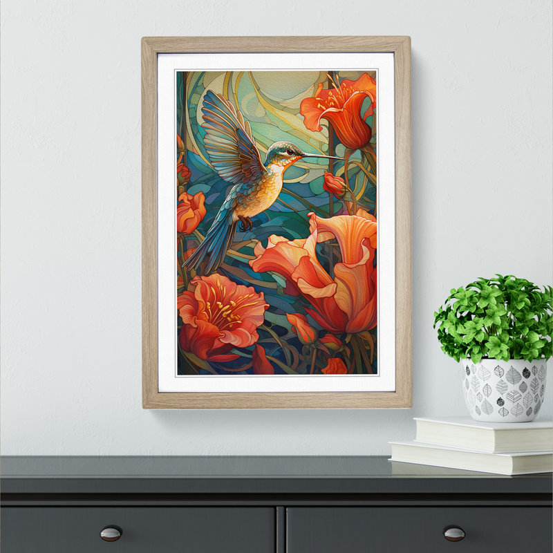 Hummingbird Nouveau No.2 - Single Picture Frame Print on Wood, Oak Framed, 34cm H x 25cm W x 2cm D