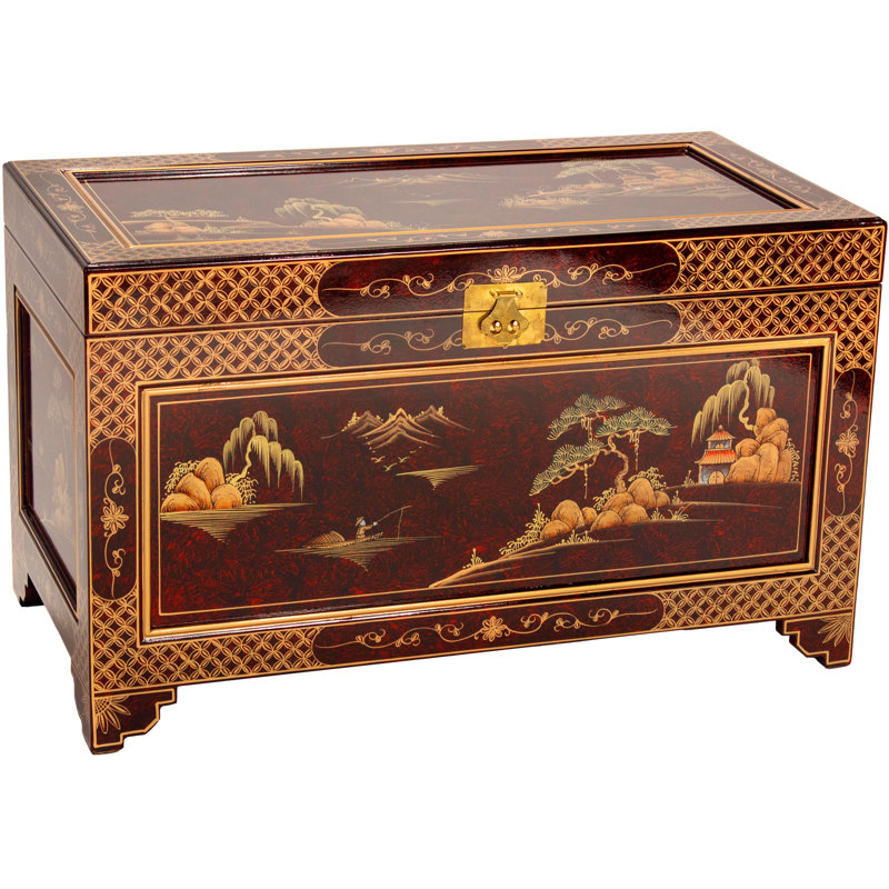 Hand-Crafted Red Lacquer Storage Trunk with Gold Landscape Design