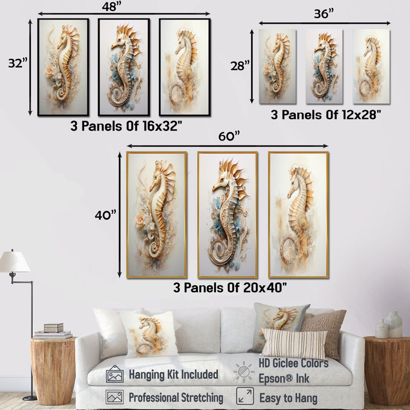 Beige magique hippocampe - ensemble de 3 décorations murales hippocampe, Cadre flottant noir, H 40 po x l 60 po