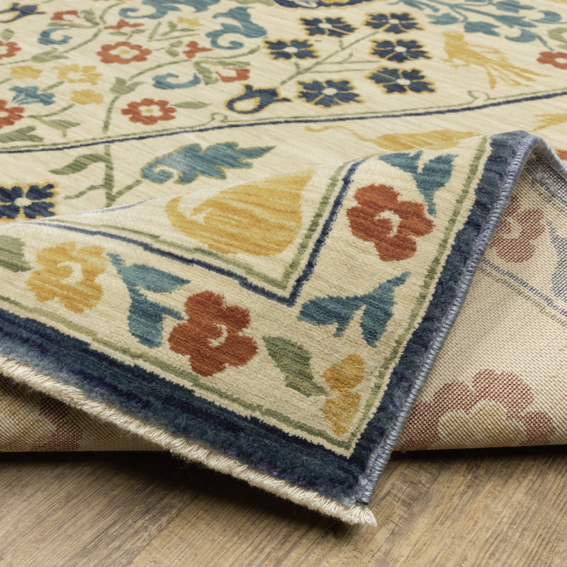 Tapis beige / bleu / jaune en polypropylène tissé à la machine Krouse, Rectangle 2 pi x 3 pi