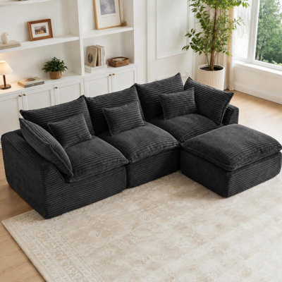 102 Inch Boneless Couch with Ottoman, 3 Seater Modular Sectional Sofa, Dark Gray