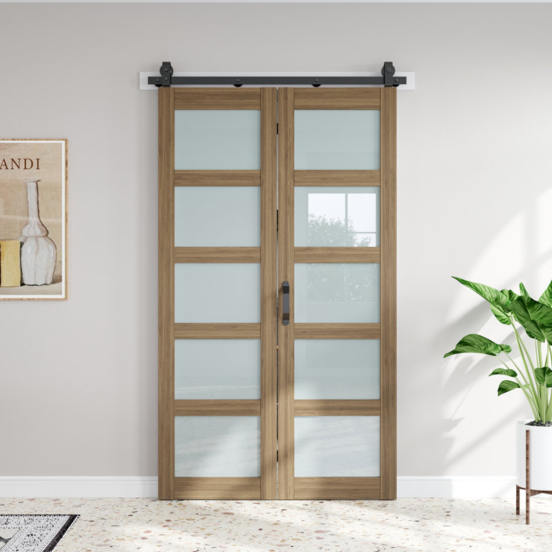 3 portes de grange pliantes en verre givré à 3 portes doubles avec ensemble de quincaillerie d'installation 84 po, 56" x 84"