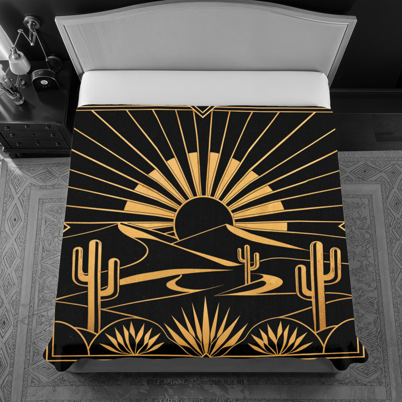 Desert Landscape Polyester Geometric Bedspread, Double, Black Gold