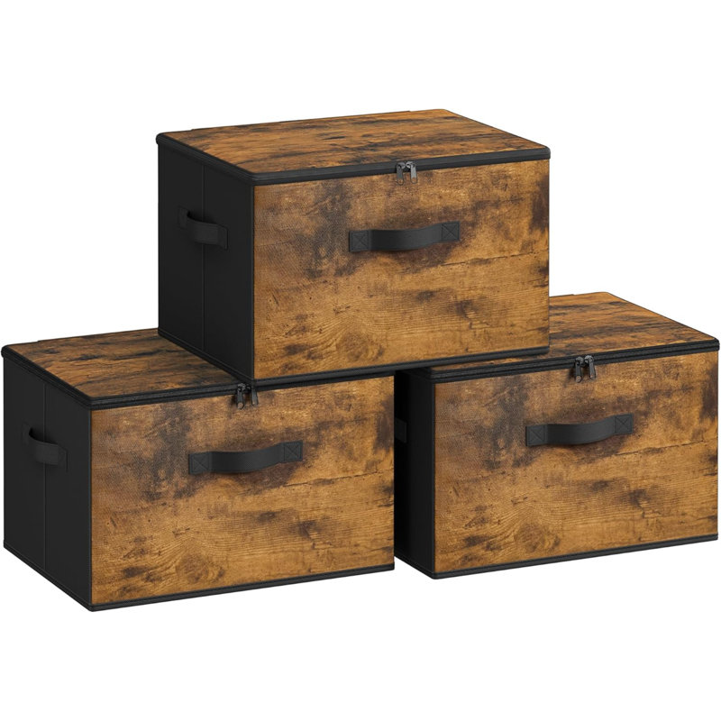 Foldable Storage Organiser Boxes, Set Of 3 Storage Basket Bins With Lids, Handles, Clothes Organiser, 40 X 30 X 25 Cm, Non-Woven Fabric