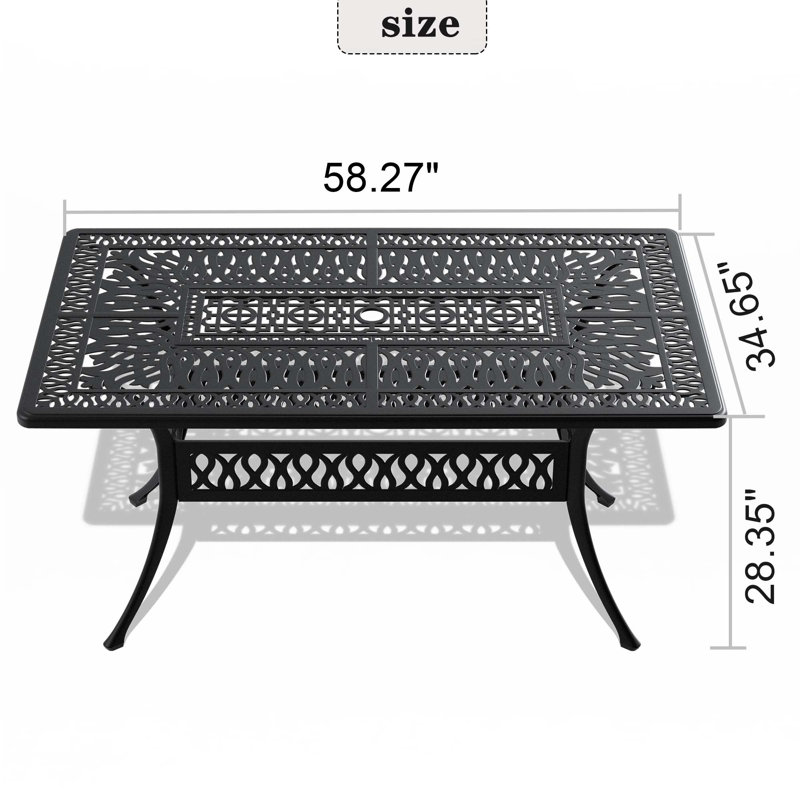 Table de salle à manger L58.27 * W34,65 pouces en fonte d'aluminium avec structure noire et trou pour parasol