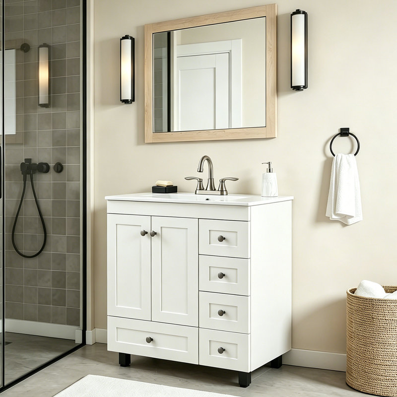 Ensemble de meuble-lavabo simple autoportant blanc mat 30 po avec plateau en céramique Marquese, White 