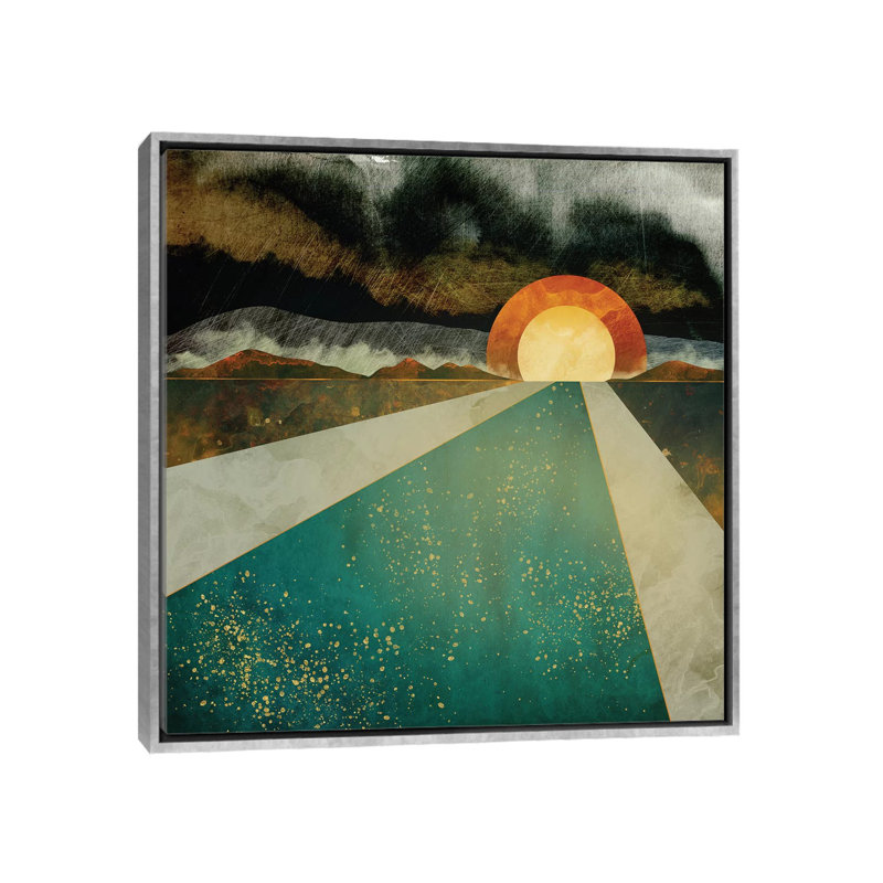 Rétro coucher de soleil - impression d'art graphique, H 18 po x l 18 po x 1,5 po, Pas de tapis, Toile avec cadre argenté