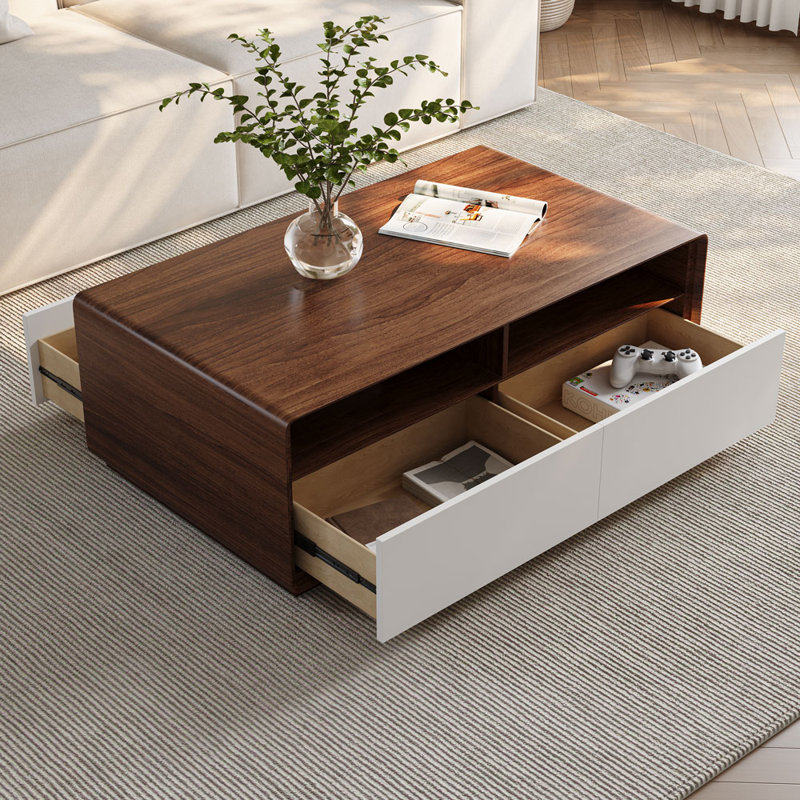 47" Rectangular Modern Coffee Table With Storage, Rectangular Wooden Coffee Table, 4 Drawers For Living Room, Open Shelf Storage, Fully-Assembled