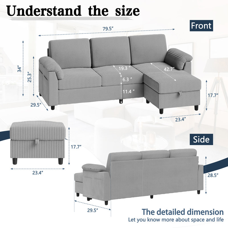 79" Upholstered L-Shaped Sofa with Ottoman , Light Gray