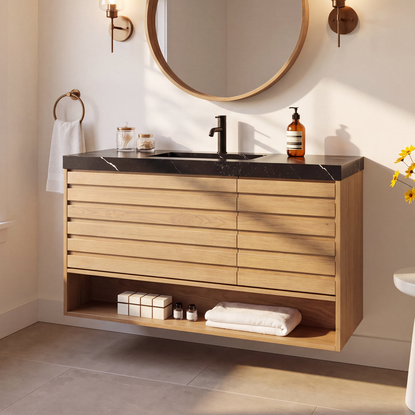 Maumelle 48" Cedar Single Bathroom Vanity, Black, Pecan Oak