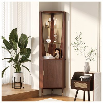70" Height Corner Bar Cabinet with Wine Storage,Mid Century Modern Bar Cabinet with Glass Holder & Lights