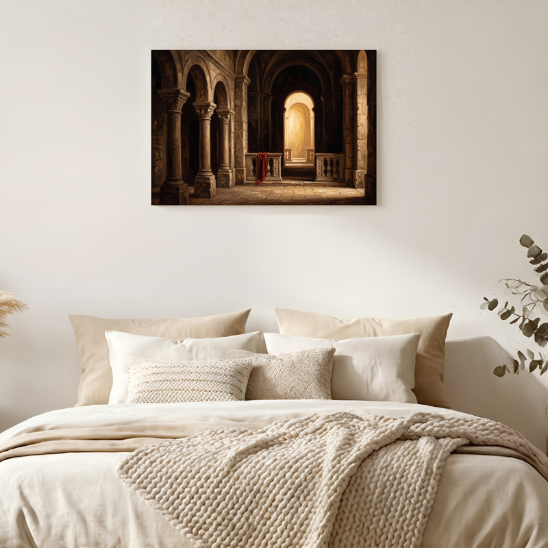«Stone Archway Interior» avec toile rouge drapée sur une balustrade, H 24 po x l 36 po
