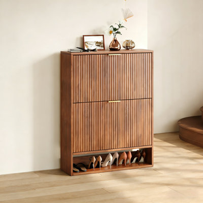 Armoire à chaussures étroite à porte rabattable avec motif grain de bois