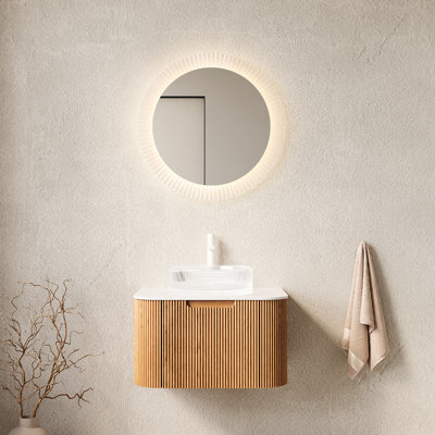 Meuble-lavabo suspendu de 61 cm (24 po) avec lavabo à rayures artistiques, 3D, grand espace de rangement, lavabo rond transparent, armoire naturelle, glissières de tiroir à fermeture douce, préassemblé