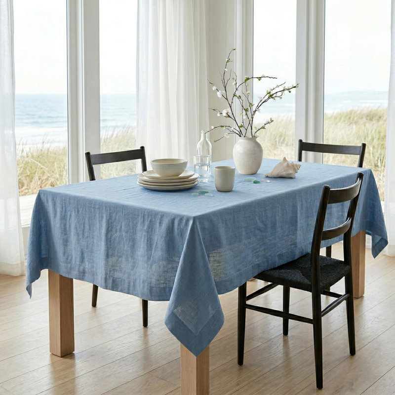 Diana - 100% Pure Linen Tablecloth, 144" L x 60" W, Dusty Chambray Blue, Solid Color