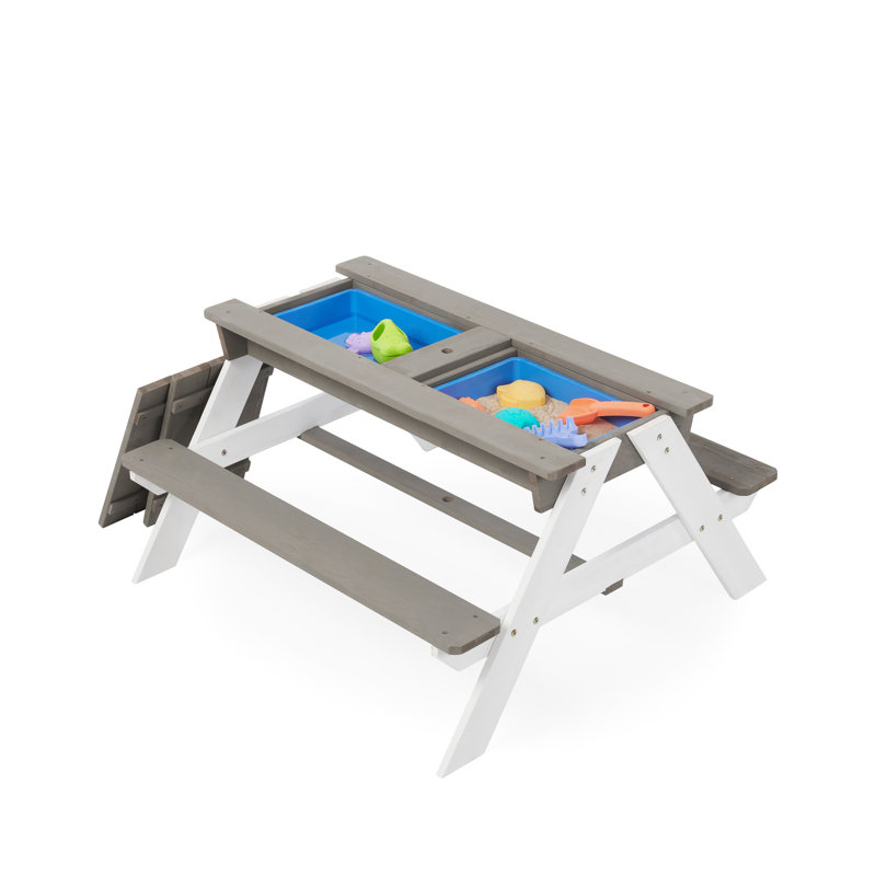 31 Outdoor Picnic Table With Detachable Umbrella - Convertible Sand & Water Activity Table, Gray, Natural Wood Connected Together Wooden And