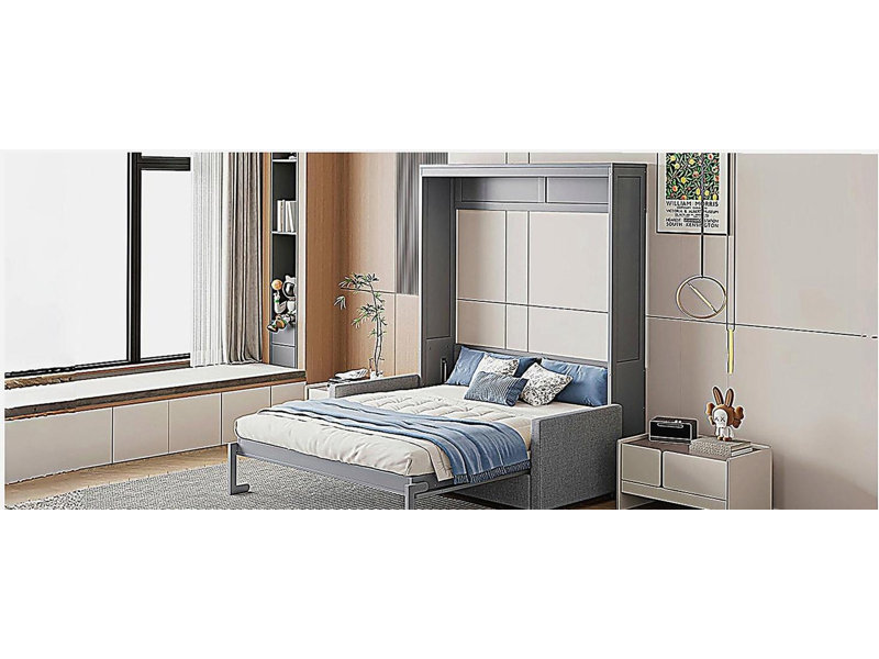Lit escamotable double avec oreiller, gris, Gris