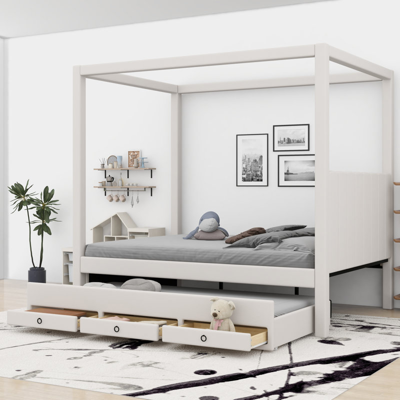 Upholstery Canopy Platform Bed With Trundle, Full