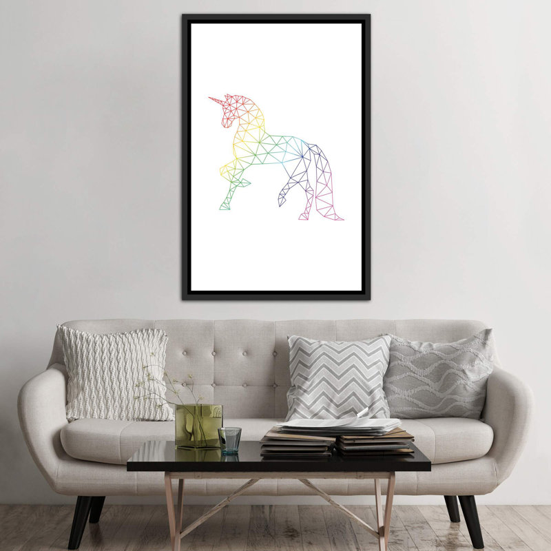 Rainbow Unicorn - impression d'art graphique, H 60 po x l 40po x P 1,5 po, Toile avec cadre noir patiné