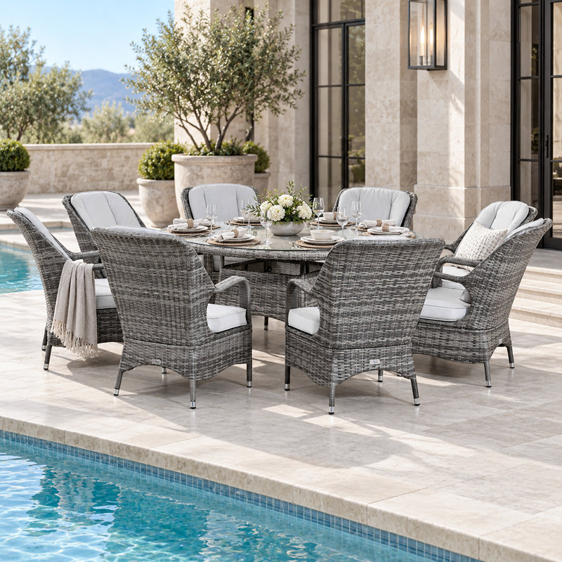 Ensemble repas 9 pièces pour l'extérieur avec fauteuils en osier, structure en aluminium et plateau en verre trempé