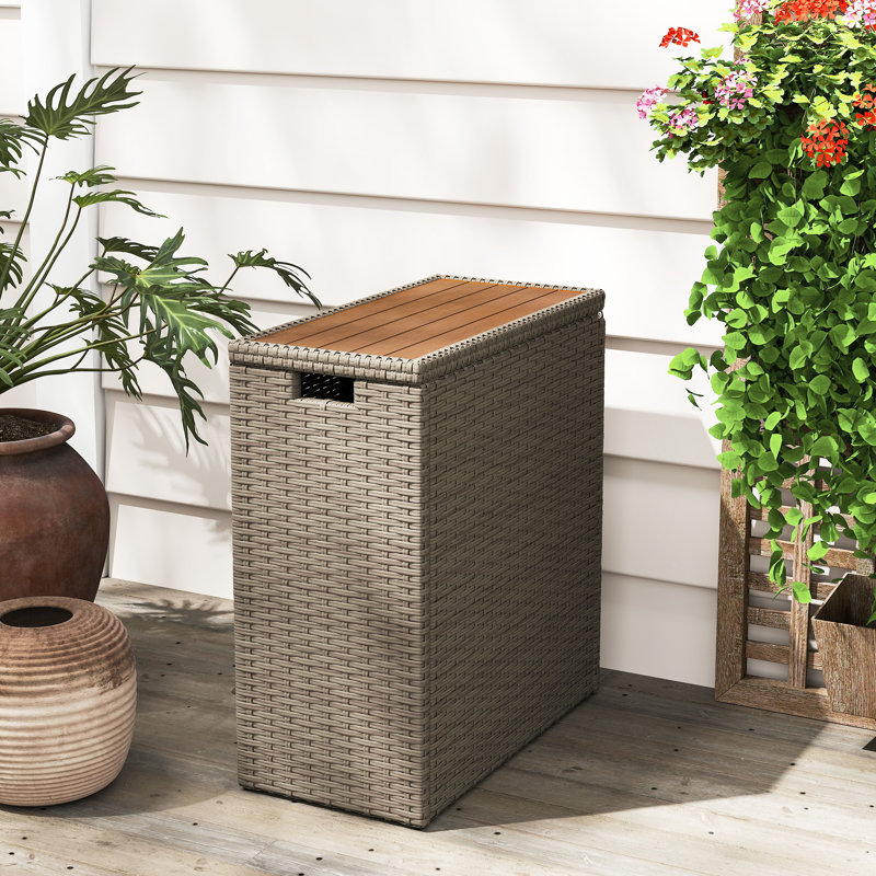 17-Gallon Small Deck Box, Wicker Outdoor Storage Box With Acacia Wood Top For Patio Cushions And Garden Tools, Teak, Teak