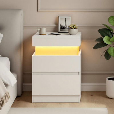 19" W Nightstand With Power Outlets, Sliding Lid, Led Lights, 2 Drawers