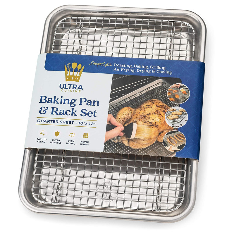 Quarter Sheet Pan with Wire Rack Set, Premium Aluminum Baking Sheet with 100% Stainless Steel Cooling Rack, Commercial Grade Cookie Bakeware