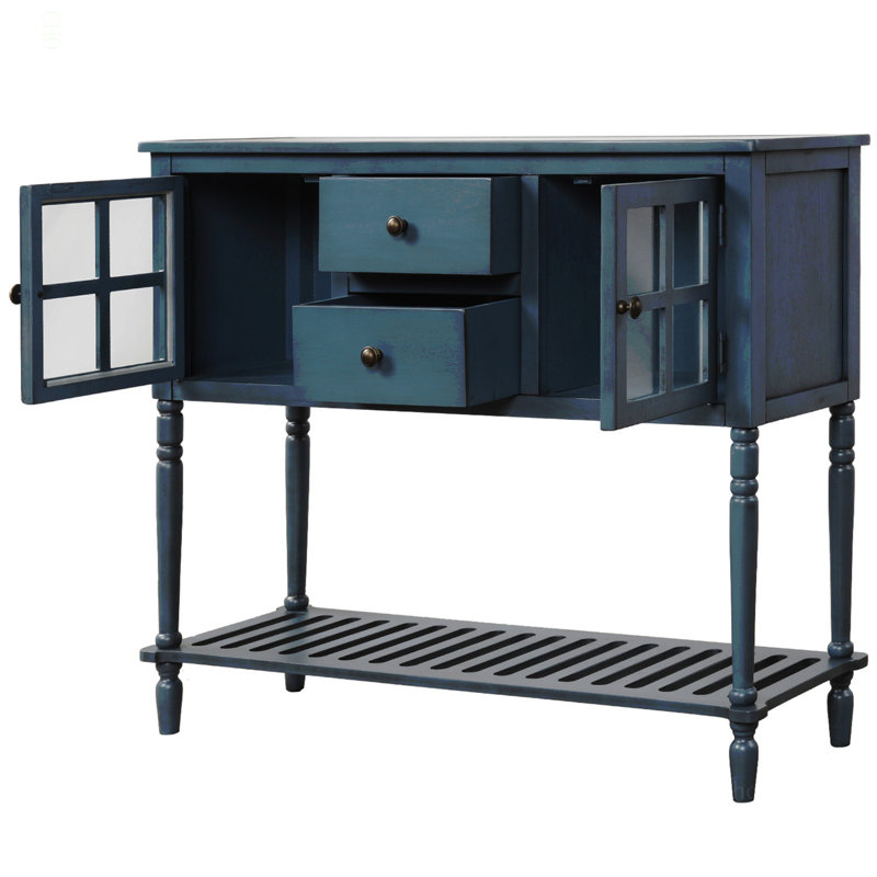 Console avec buffet et tablette inférieure, armoire de rangement en bois / verre Farmhouse, Bleu marine antique
