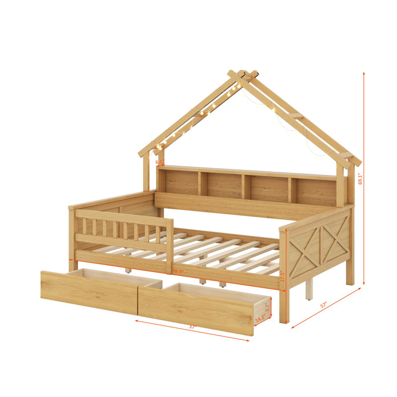Lits plateforme en bois pleine grandeur avec DEL, tablettes, tiroirs et garde-corps, Naturel