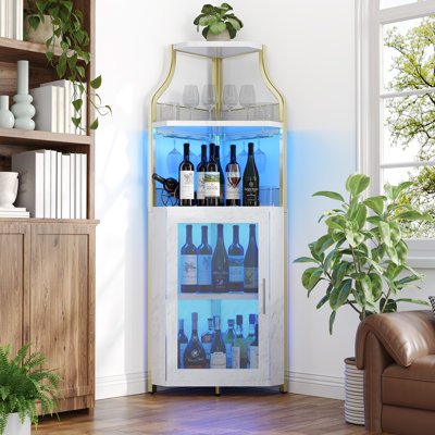 Armoire de coin industrielle - support à vin et verre amovible, rangement à 5 niveaux, tablettes réglables, porte en filet, porte-verre - armoire à boissons pour la salle à manger ou la cuisine