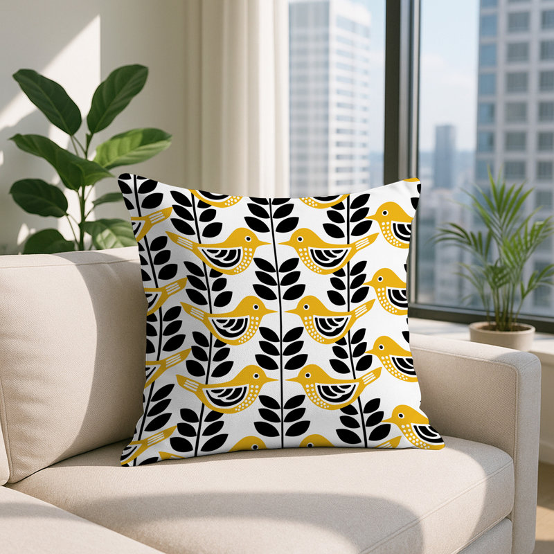 Oreiller carré réversible intérieur / extérieur Kandice Bird, Jaune, Carré 15 po