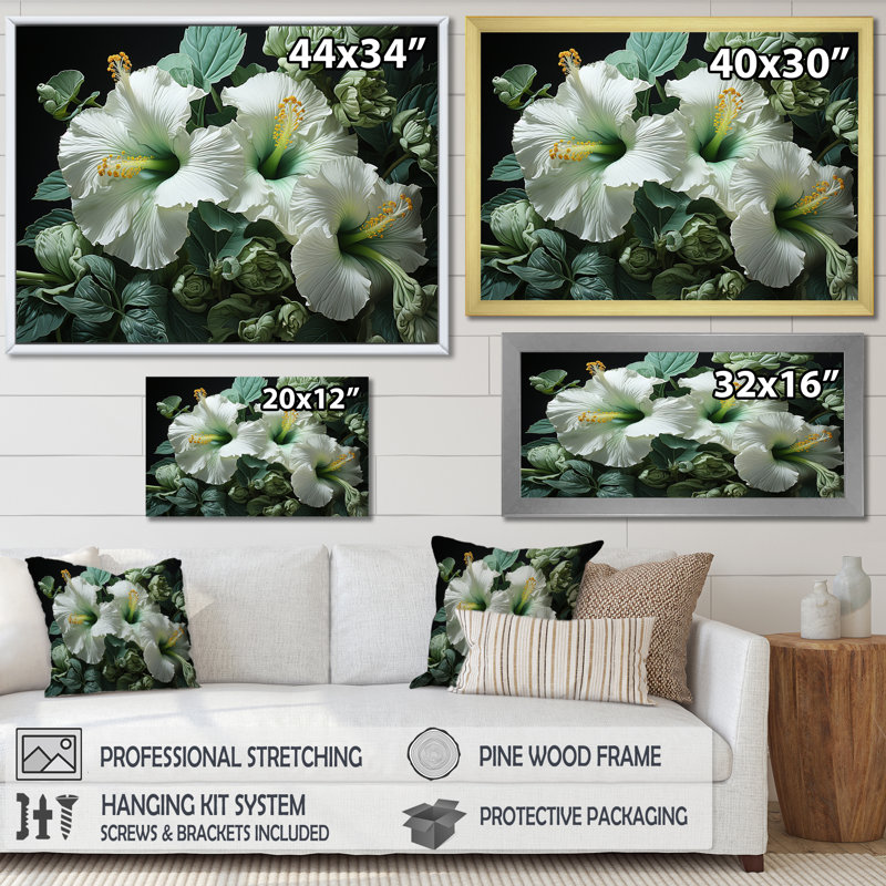 «Green Hibiscus Realistic Splendor», reproduction sur toile, H 16 po x l 32 po x P 1 po, Cadre simple noir