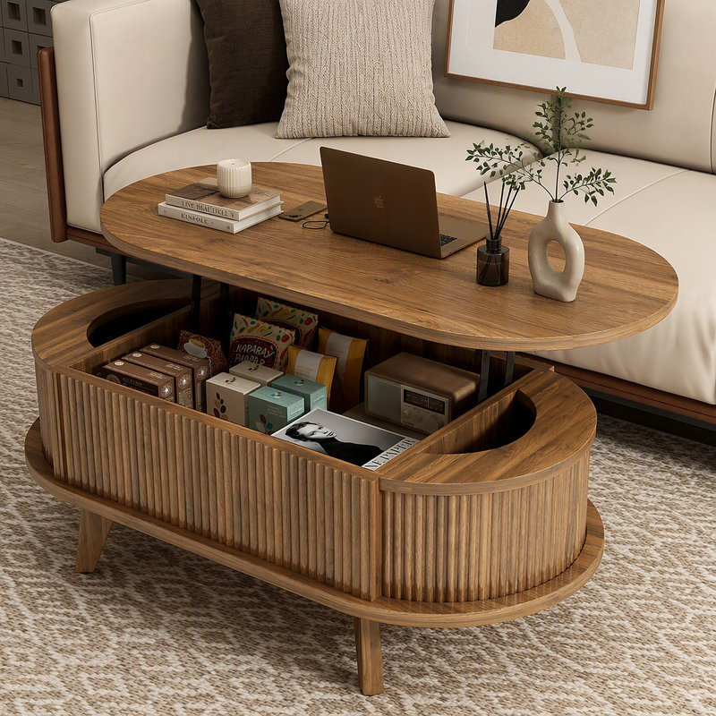 Table basse cannelée à plateau relevable avec compartiment caché, table centrale en bois, plateau de table ovale moderne pour bureau à domicile, couleur brun noyer