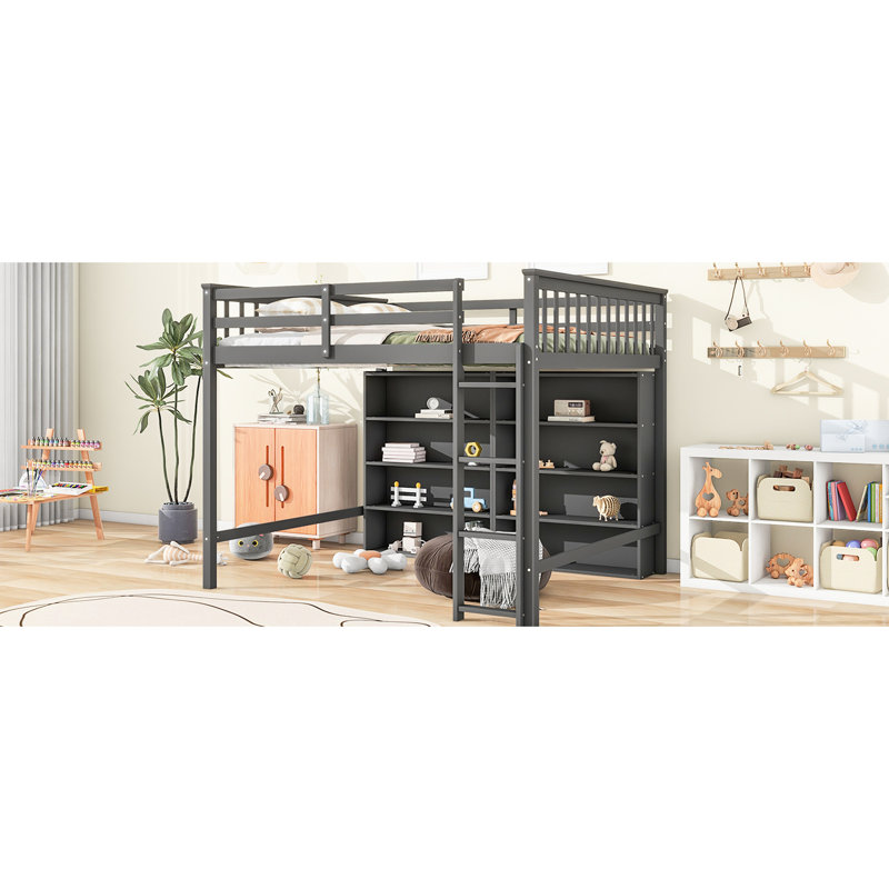 Lit mezzanine de taille grise avec 8 tablettes de rangement et - peu encombrant pour les espaces de vie