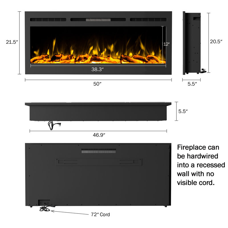 Shelburne Wall Mounted Electric Fireplace - Recessed Fireplace with Front Vent, 21.5" H x 50" W x 5.5" D