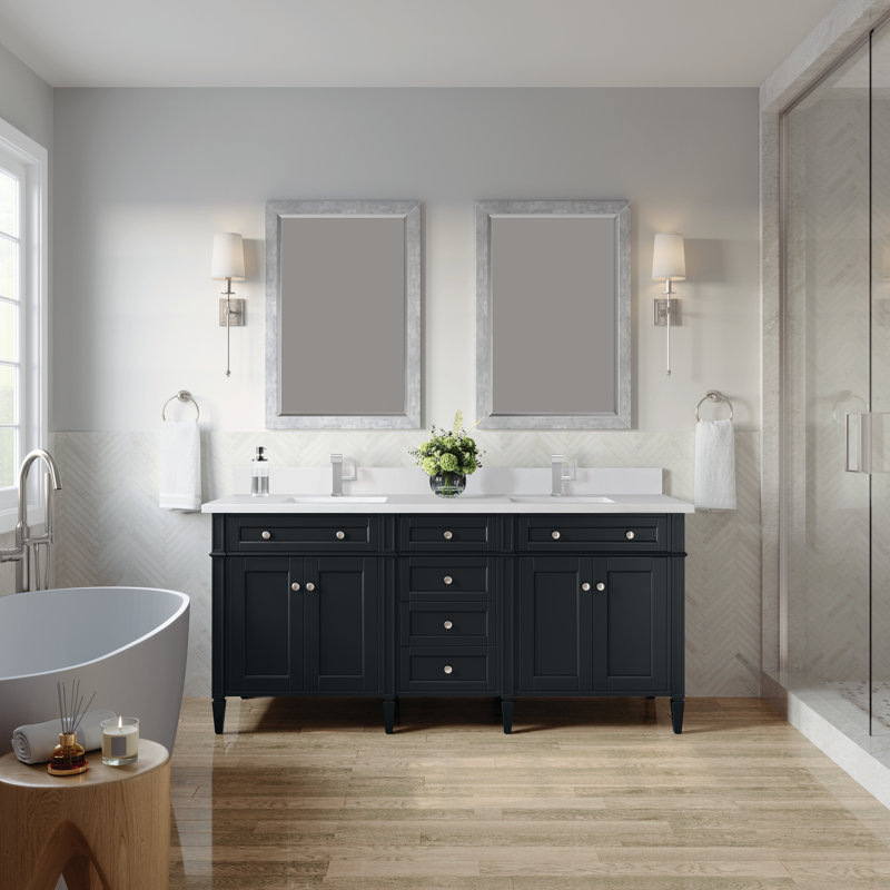 Meuble-lavabo double l 72 po Dussault, Noir onyx, Blanc Zeus, Trou unique
