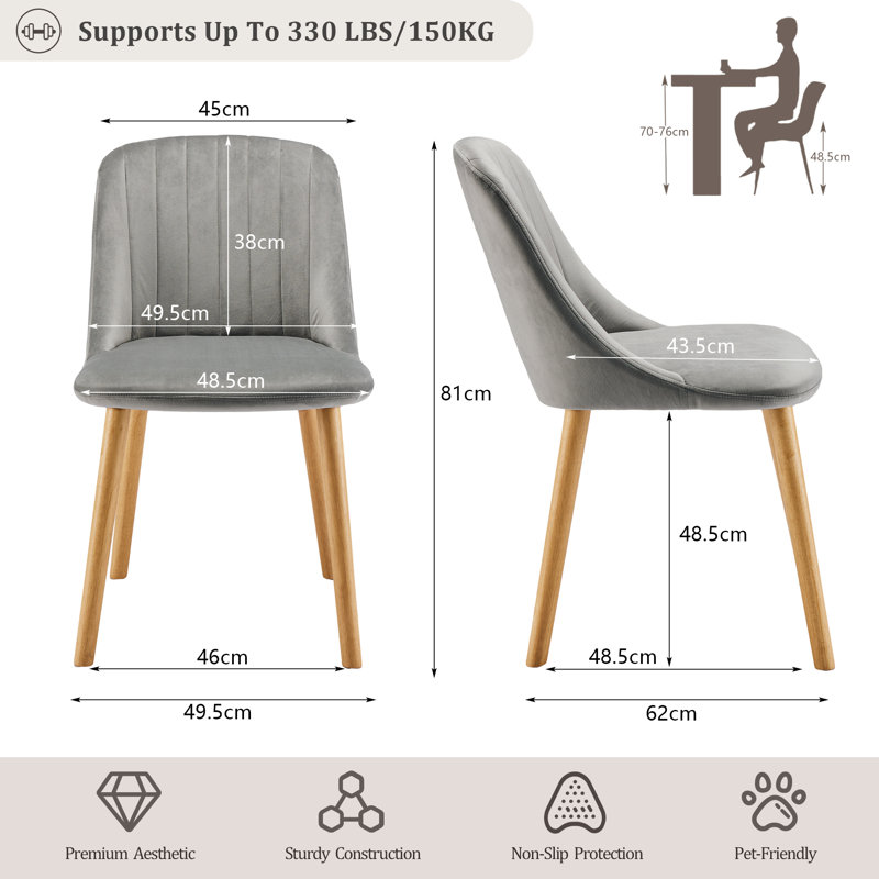 48.5cm H Upholstered Dining Chairs With Wooden Legs, Light Grey Velvet/Natural, 4