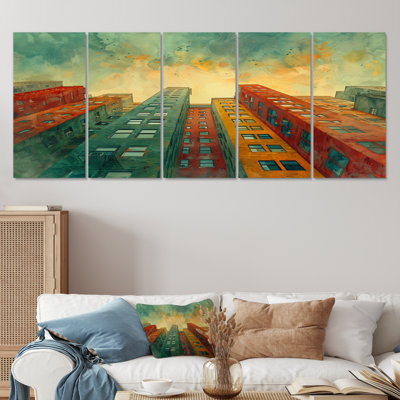 Green Red Urban Vintage Skyscrapers II - Skyscrapers Wall Decor Set