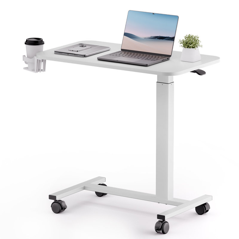 Adjustable Overbed Bedside Table With Lockable Wheels, Pneumatic Mobile Standing Laptop Desk, Small Standing Desk Portable Rolling Overbed Table Hospital Home Use