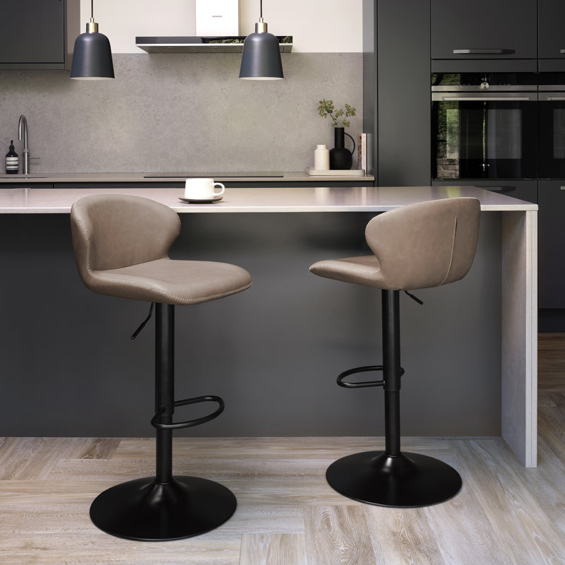 ROSSO GASLIFT 360° SWIVEL BARSTOOL - VINTAGE FAUX LEATHER - BLACK SAND POWDER COATED BASE (SINGLE), Beige/Powder Coated