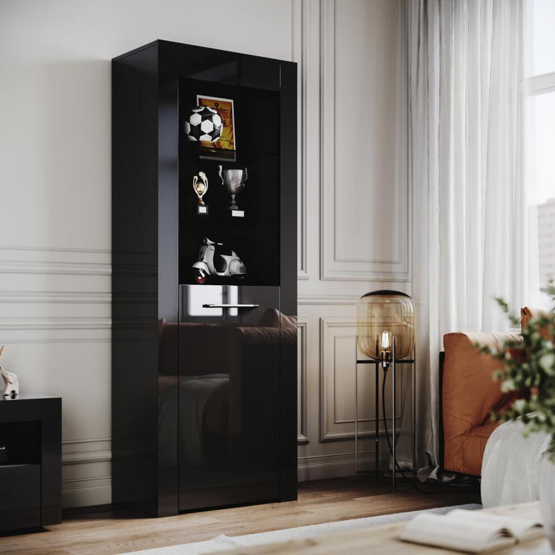 165*60*35cm Large Display Cabinet with RGB Colour Variations and Tempered Glass Shelves, Black