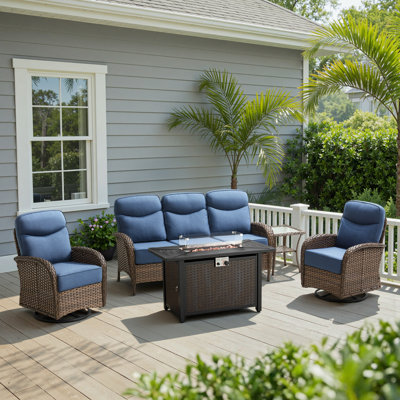5-Piece Outdoor Patio Wicker High Backrest Fire Pit Conversation Set With Swivel Chairs And Sofa
