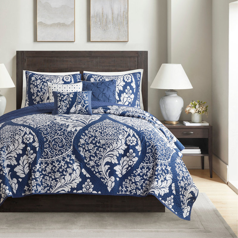 Ensemble de courtepointe en coton imprimé 6 pièces avec coussins Indigo