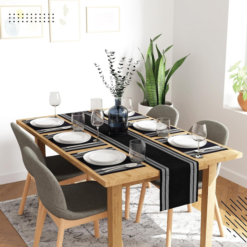 Table Runner and Placemats Set 6 Fine Ribbed Cotton Ladder Black 1 Table Runner Size 32x183 cm Each Table Mat Size 48x32 cm