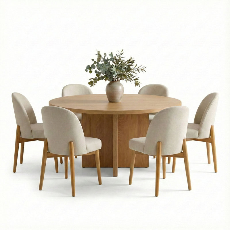 Ensemble de salle à manger moderne 7 pièces 60 pouces avec placage en chêne et 6 chaises en lin, Beige