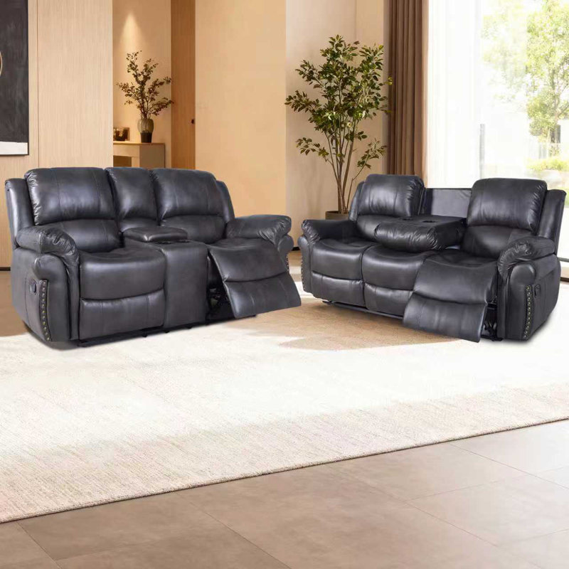 Ensemble de canapé inclinable manuel en similicuir: 3 places avec deux fauteuils inclinables et 2 places avec console centrale, réglable de 90 ° à 160 °, gris
