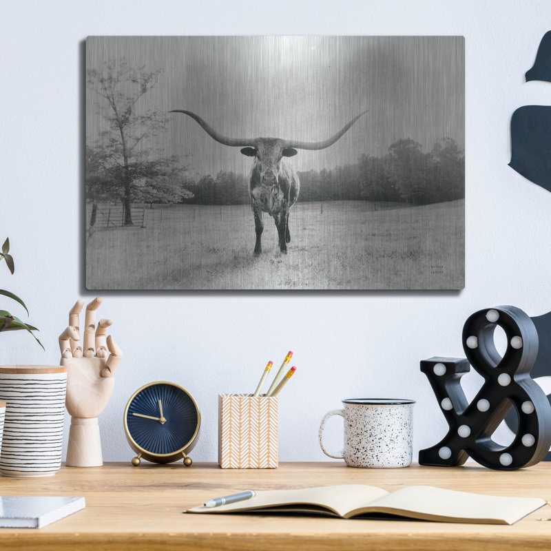«Longhorn Backlit Aged» par Nathan Larson, art mural en métal, H 12 po x l 16 po